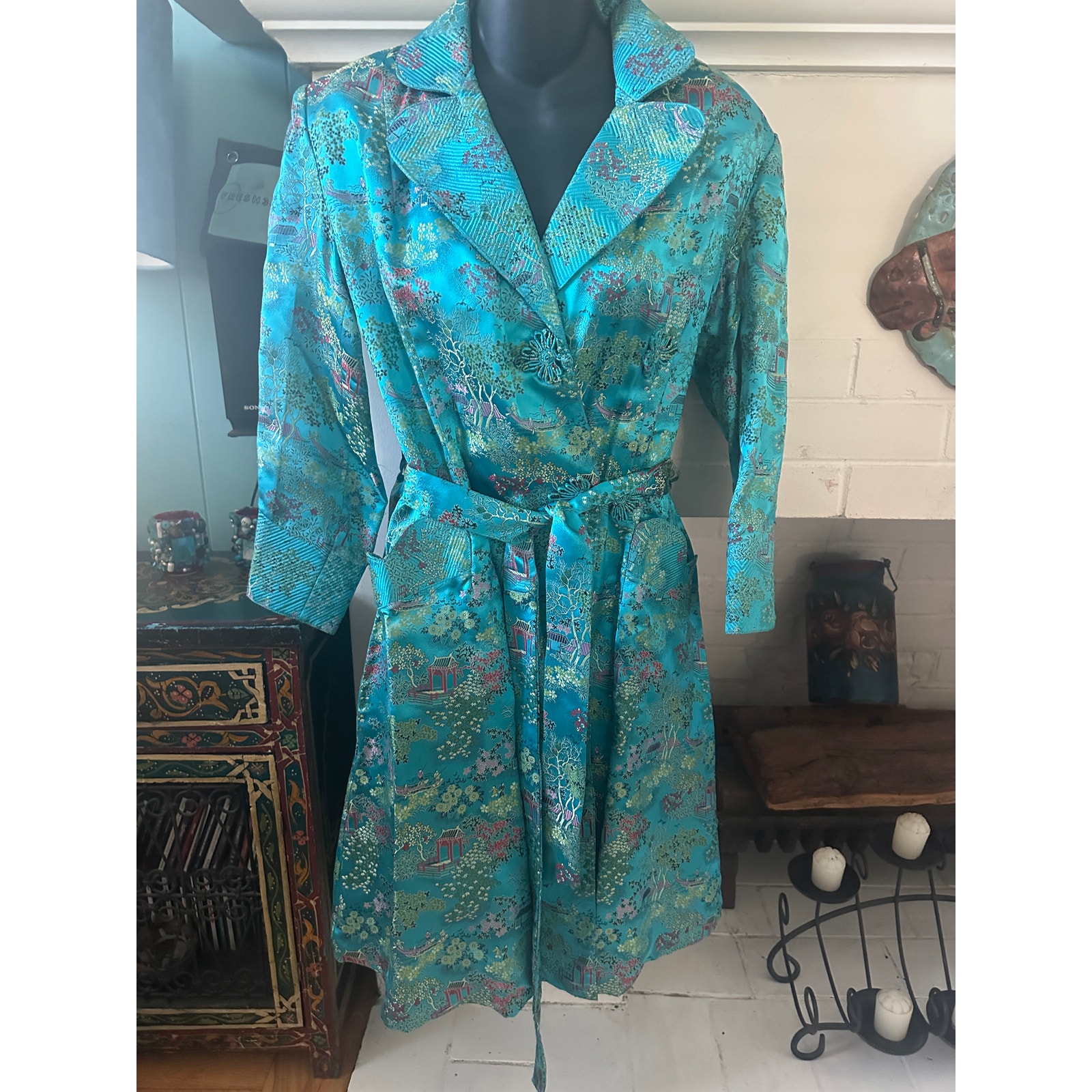 Vintage 60's 70's Peony Brand Turquoise Shanghai China Silk Brocade Jacket Robe